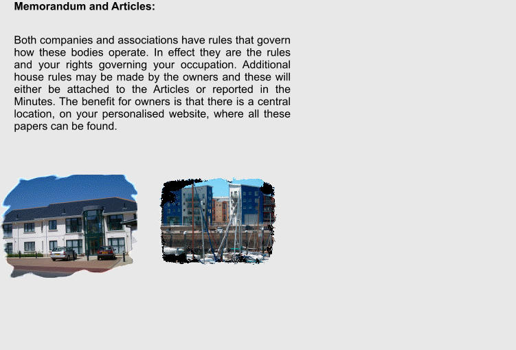 Memorandum and Articles:  Both companies and associations have rules that govern how these bodies operate. In effect they are the rules and your rights governing your occupation. Additional house rules may be made by the owners and these will either be attached to the Articles or reported in the Minutes. The benefit for owners is that there is a central location, on your personalised website, where all these papers can be found.